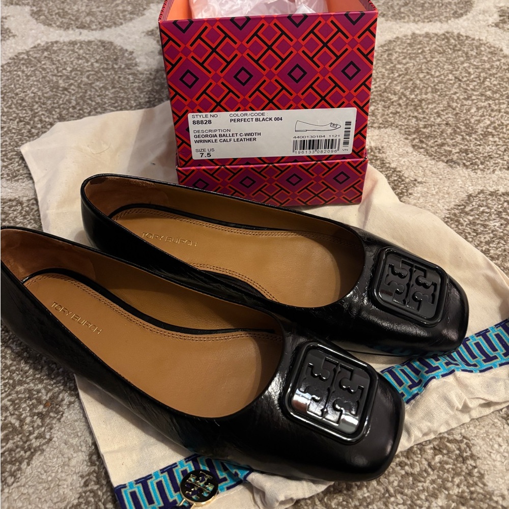 Tory Burch Georgia square toed ballet flats 7.5 wide width  perfect black